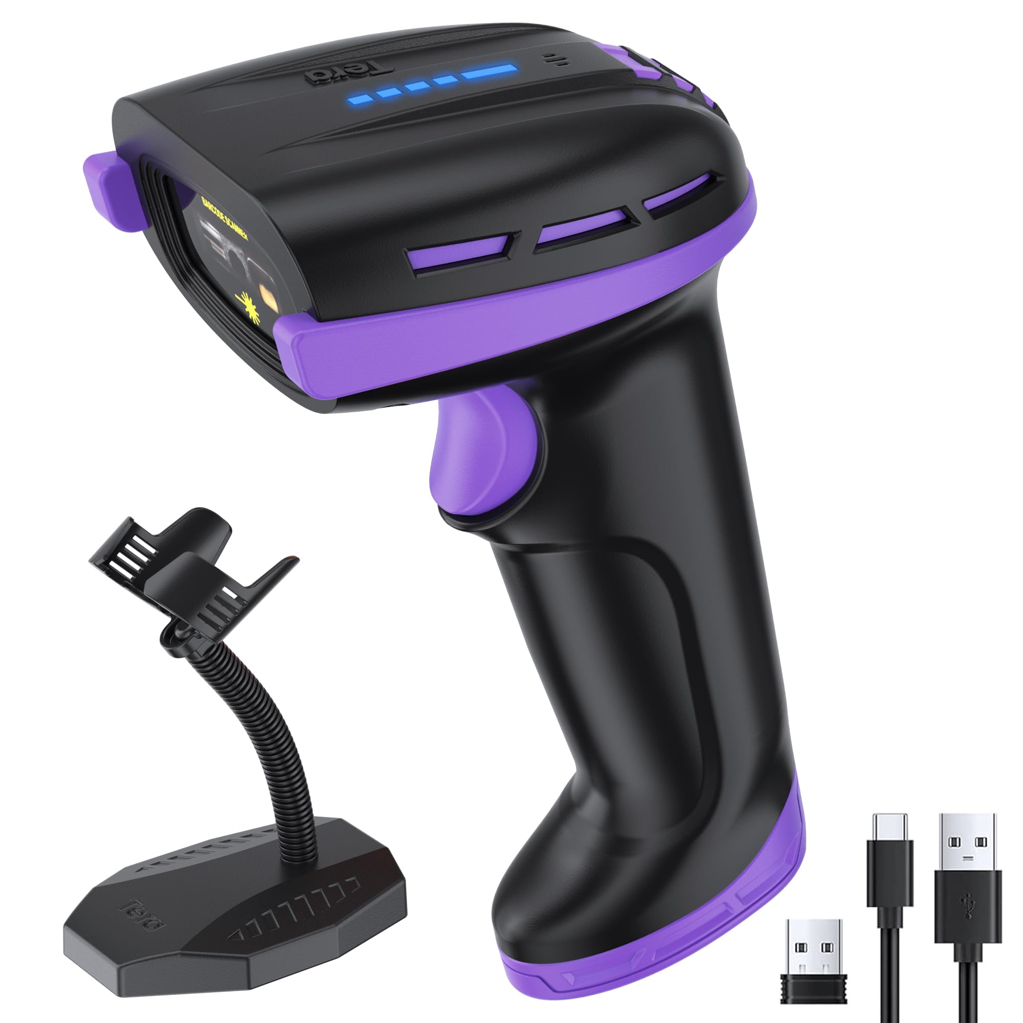 Tera Pro Barcode-Scanner Akku 4400mAh Kabellos 2D QR Bluetooth 2.4G Wireless USB D6100 Lila