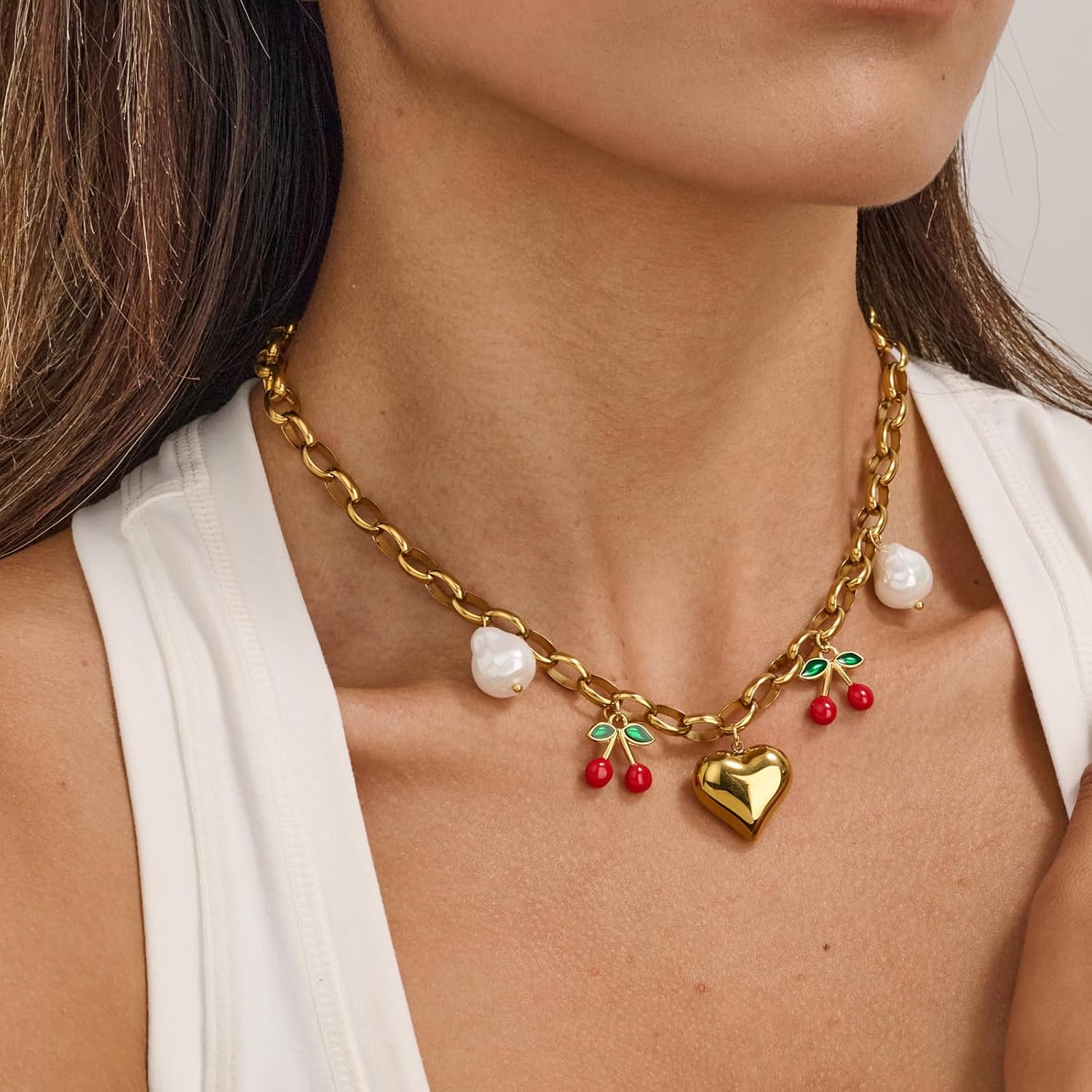 MUYAN Gold Plated Chunky Chain Necklace Shell Fish Heart Cherry Summer Holiday Jewelry - Image 2