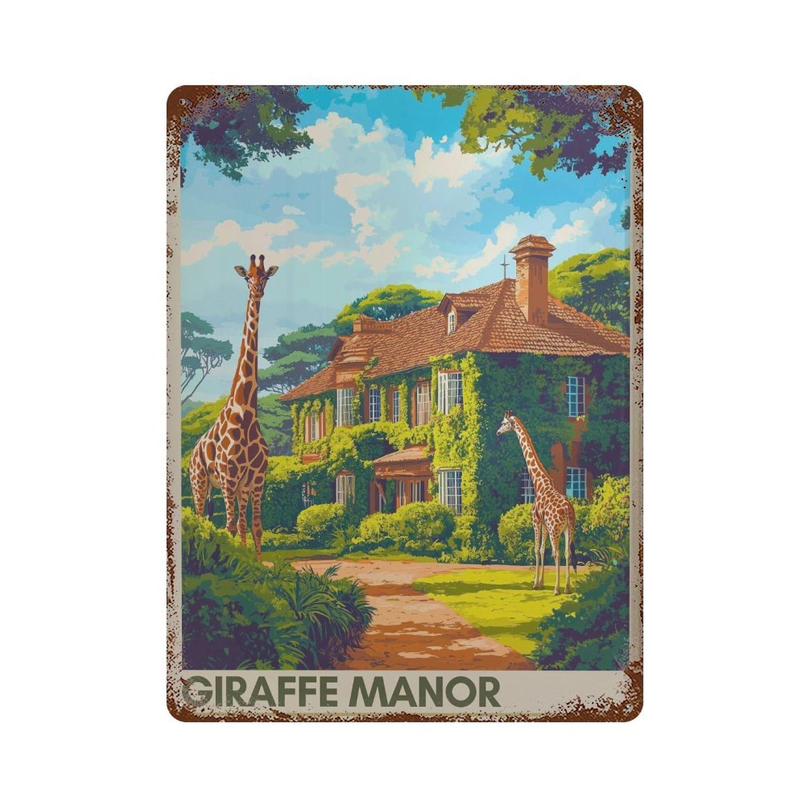 xiaoxiaoshen Giraffe Manor Kenya Travel Nairobi Wall Decor Art Metal Tin Poster Modern Home Decor Art Home Bar Shop Decorations Vintage Sign 40x30cm