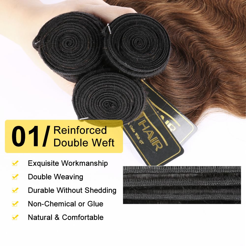 QTHAIR Ombre Human Hair Bundles Ombre Brazilian Body Wave 3 Bundles 12" 14" 16" 100% Unprocessed Body Wave Remy Virgin Hair Weave Bundles 3 Tone 1B/4/30 Human Hair