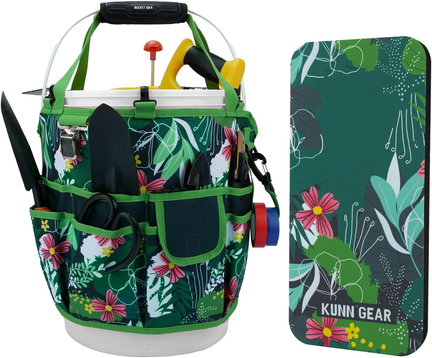 KUNN 5 Gallon Garden Bucket Tool Organizer & Kneeling Pad Set, 18-Pocket Heavy Duty Garden Caddy with Hangable Handle, Polyester Tool Bag with Grip Handle & Gardening Kneeling Pad for Women, Green