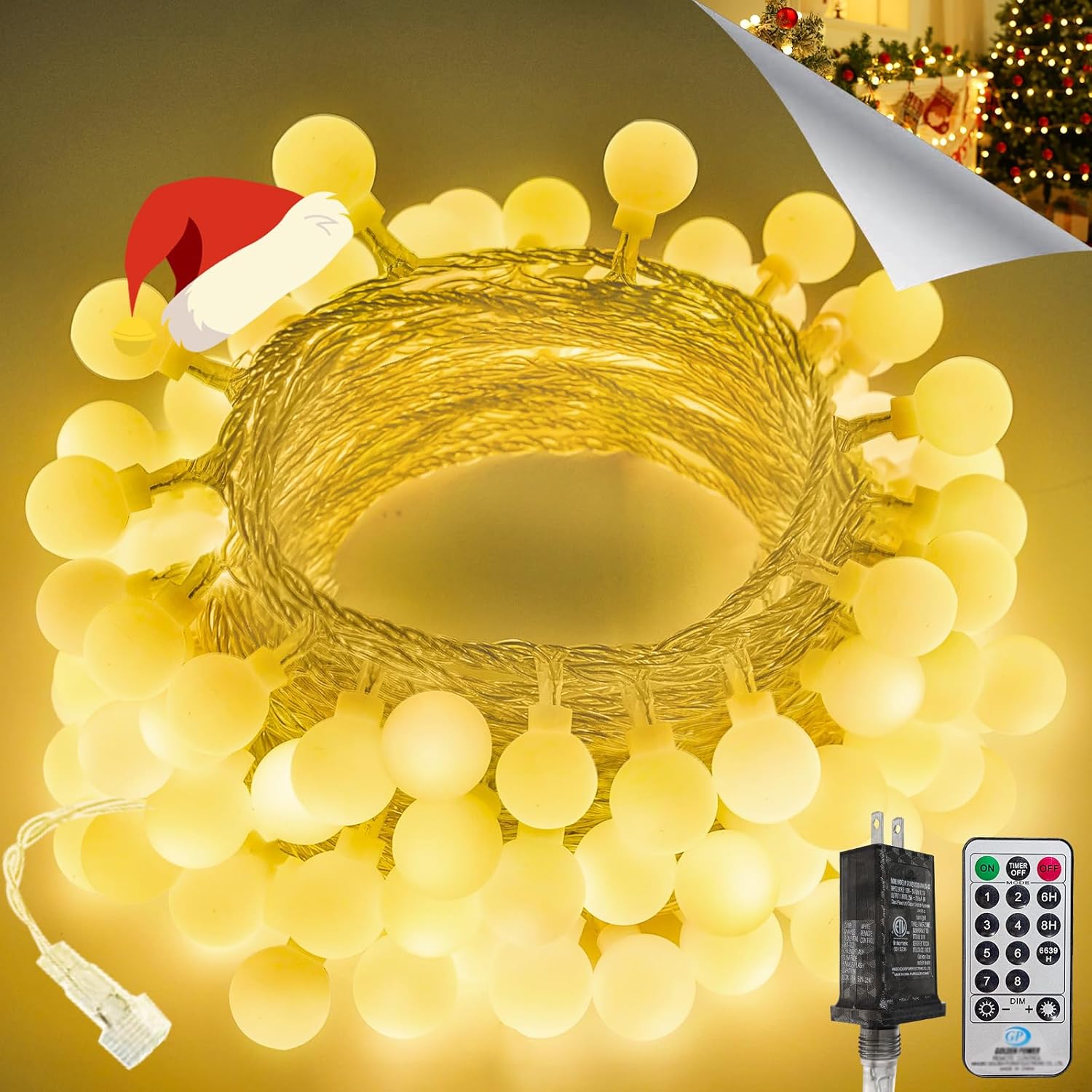 LORRYTE Connectable 43FT 100LED Globe String Lights | 8 Modes Warm White Christmas String Lights Plug in with Remote | Hanging Fairy Light for Indoor Outdoor Bedroom Party Christmas Tree Decor Warm White 100 LED Connectable with Remote