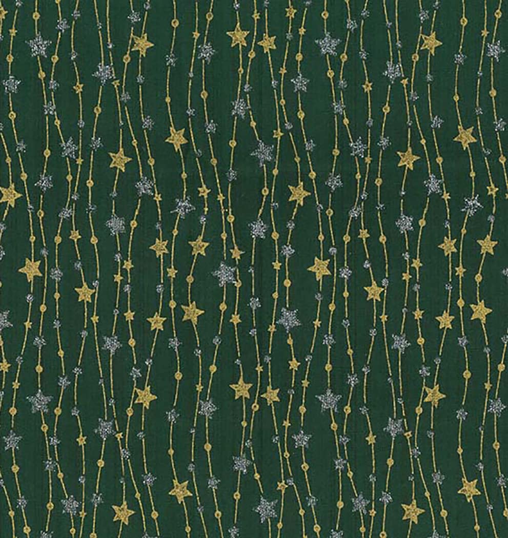 Christmas Fabric - Gold & Silver Glitter Stars on Green - Xmas Craft Fabric Material Metre