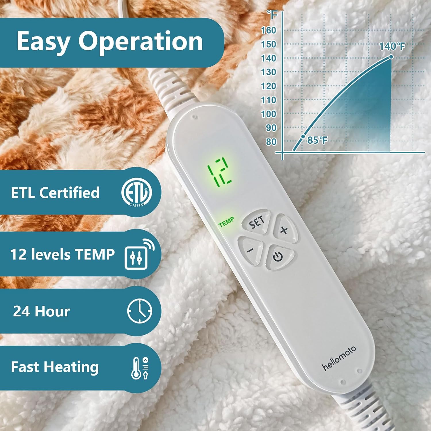 HELLOMOTO Updated Weighted Heated Blanket for Men/Women, 15 lbs Electric Blanket, Dual Sided Cozy Fluffy Throw Blanket, 8 Timer Settings & 10 Heat Settings,48x72 inches(Brown-White) - SW4872 - Image 5