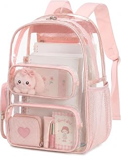 BTOOP Clear Backpack Heavy Duty Transparent Backpack 17" See Through Bookbag for College Work Festival Security Padded Strap (Pink)