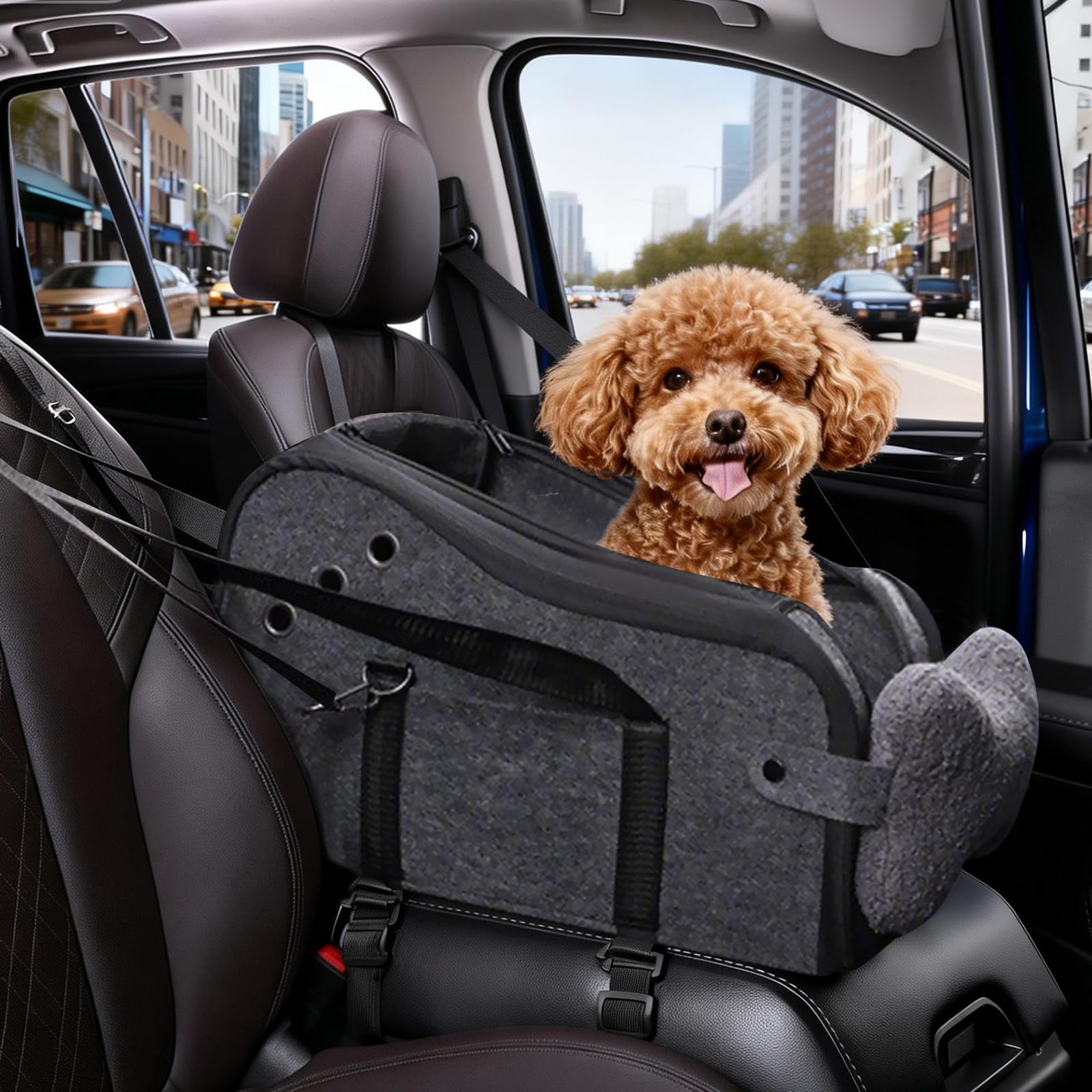 Hunde Autositz für kleine Hunde, Hundeautositz Hundesitz Auto Mittelkonsole mit Sicherheitsgurt, Verstellbarem Weichen Kissen, Tragbarer Hundebett Auto für Kleine Haustiere (B)