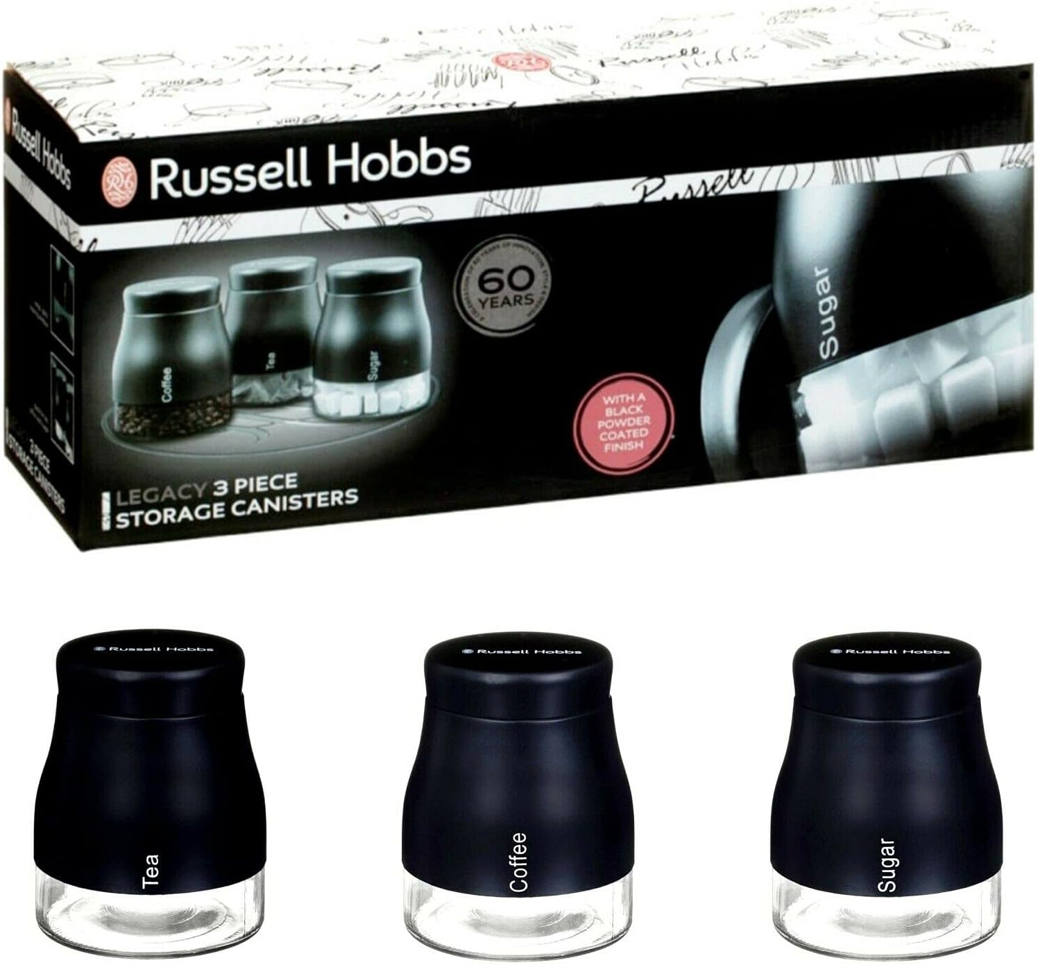 AJ RH Legacy Tea Coffee Sugar Canisters Kitchen Storage Black