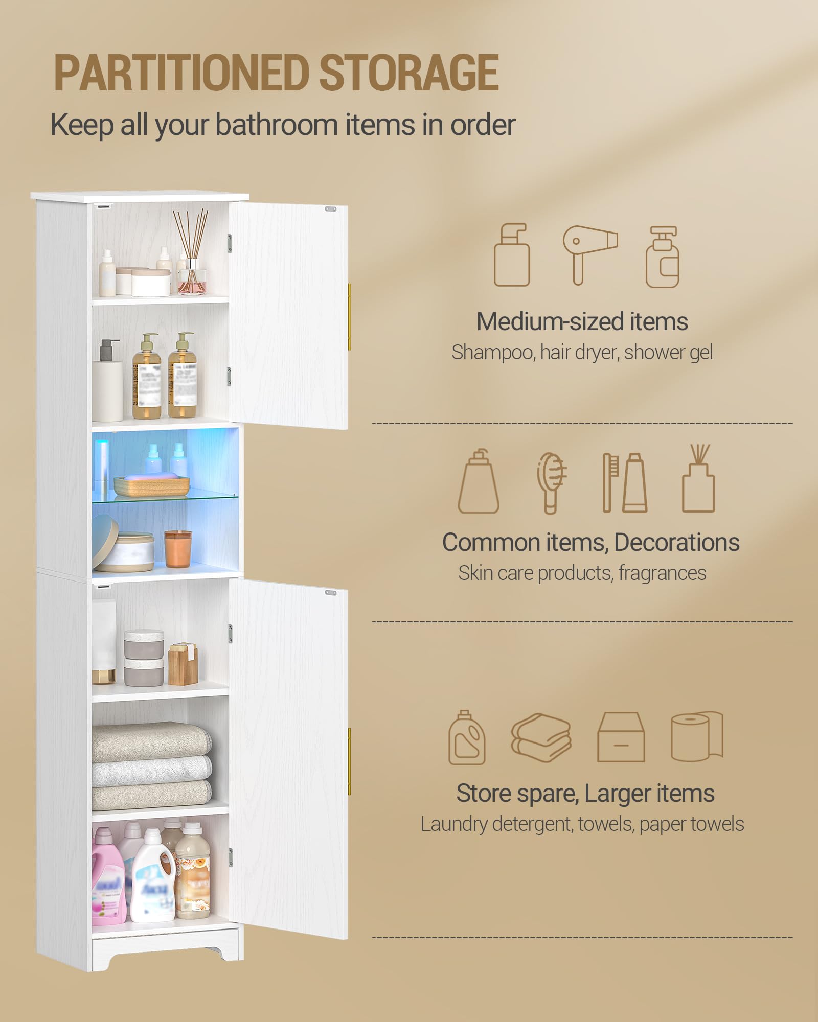 Hzuaneri Badezimmerschrank, Badschrank, Hoher Schrank Mit Farbwechselnden LED-Leuchten Und 2 Türen, Verstellbare Einlegeböden, Wohnzimmer, Badezimmer, 30 X 40 X 170 cm, Weiß SC28213X