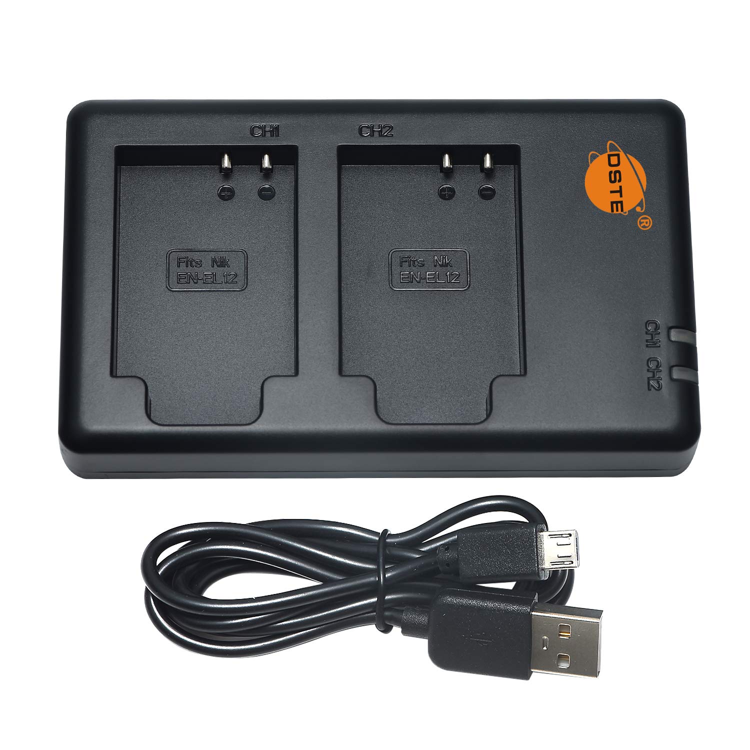 DSTE DE MH-65P USB Dual Battery Charger Compatible with Nikon EN-EL12, ENEL12 Battery as MH-65 - Powered by Micro USB to USB-A 2.0 Charging Cable