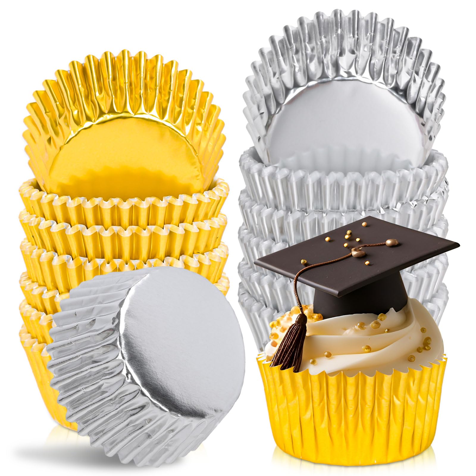JarThenaAMCS 200Pcs New Year Silver Gold Foil Cupcake Liners Graduation Foil Metallic Baking Cups Cupcake Wrappers Muffin Liners for 2026 Class