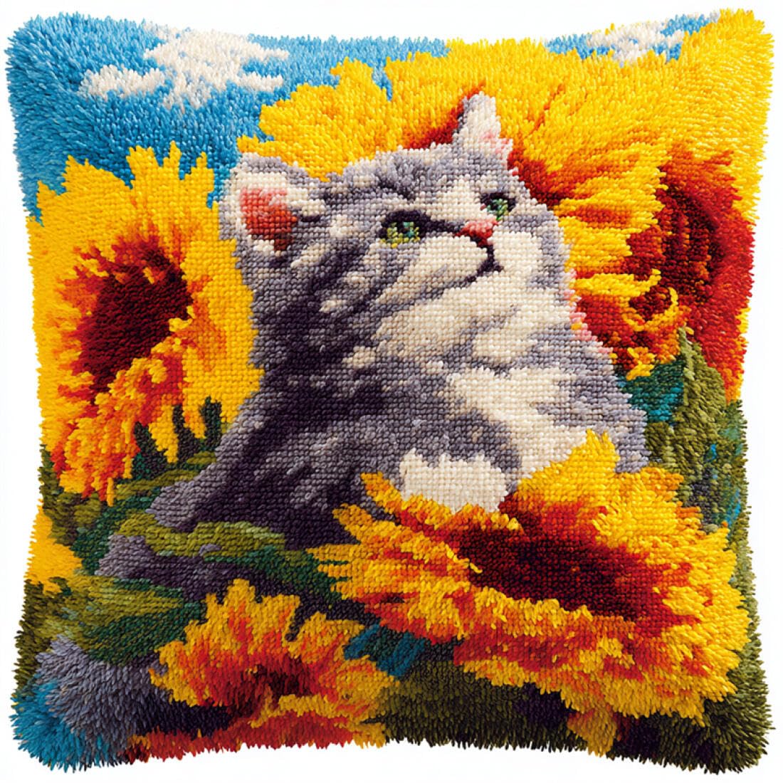 Kitquiver Animal Latch Hook Cushion Kits Cat and Sunflower Crochet Needlework Crafts with Latch Hook Tool for Adults DIY Handmade Home Cushion Kits Decor 17x17In