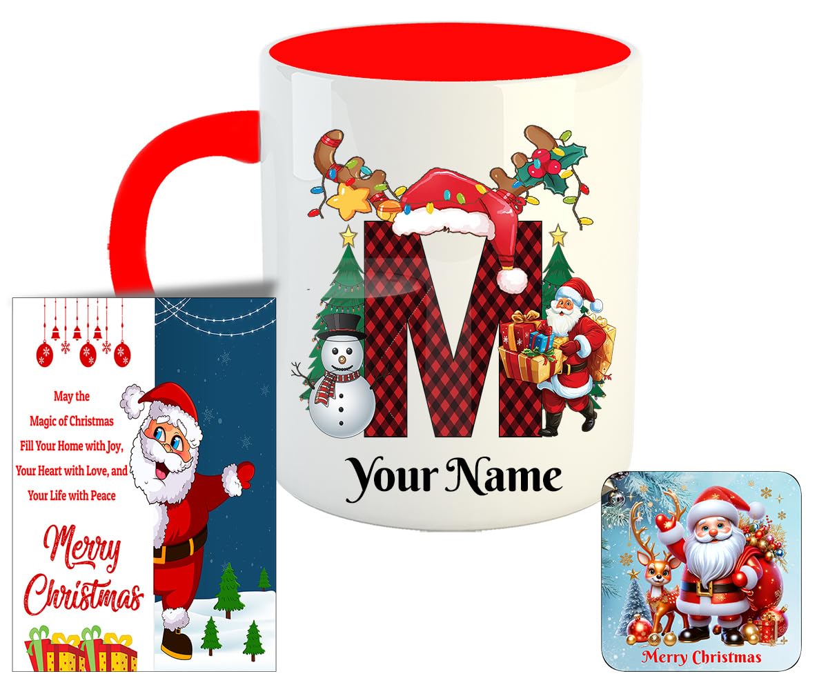 Happu®-Customised Christmas Ceramic Coffee Mug with Name|Customized Personalised Alphabet Printed Cup Letter 'M' |Free Fridge Magnet & Greeting Card|Xmas Gift for Friends & Family|325 ml HPK-3318-RD