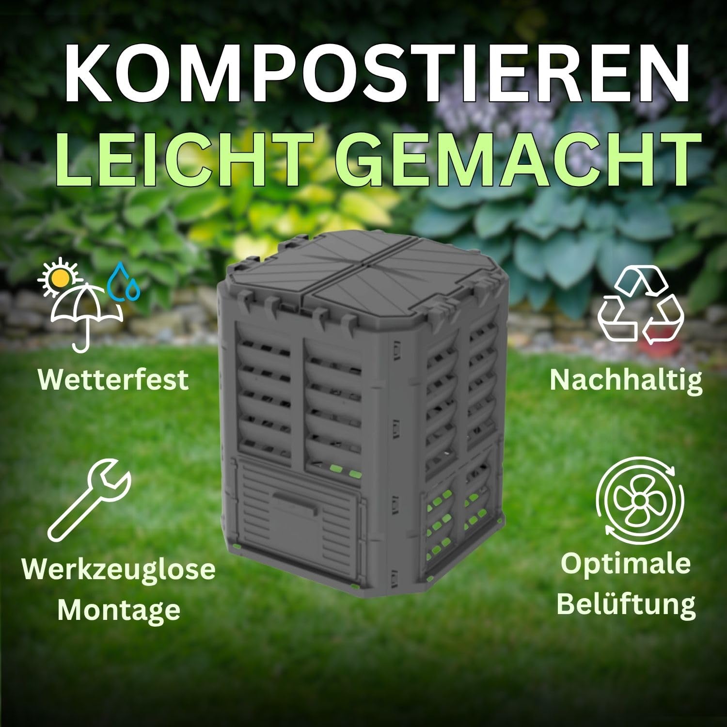 ViD Komposter 300 Liter Schwarz 71x71x79,5cm, Garten Schnellkomposter, Robust, Witterungsbeständig, Thermokomposter mit Belüftungssystem, Kunststoff