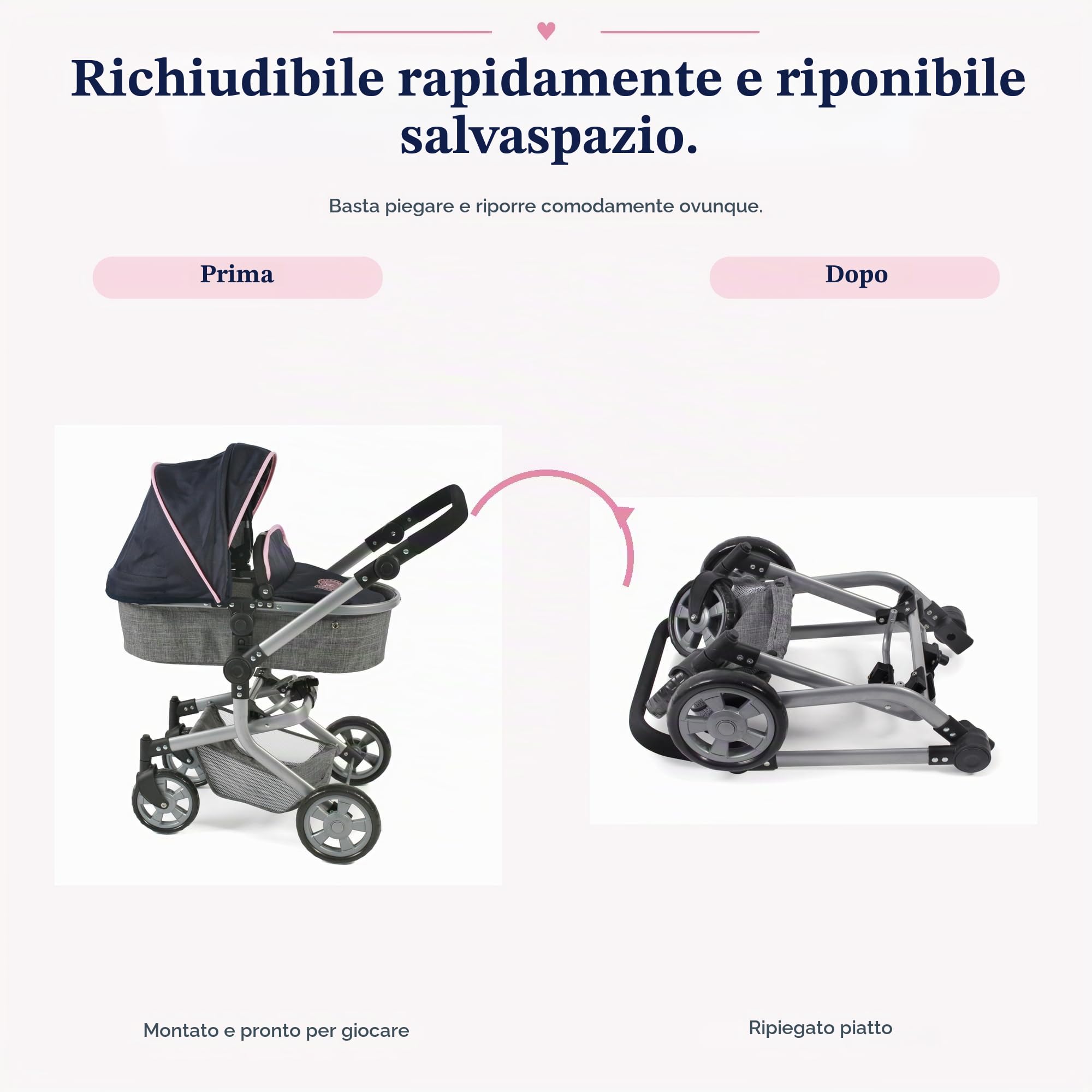 Bayer Chic 2000 - Passeggino per bambole Mika, passeggino combinato 2 in 1 per bambini dai 4 agli 8 anni, grigio melange
