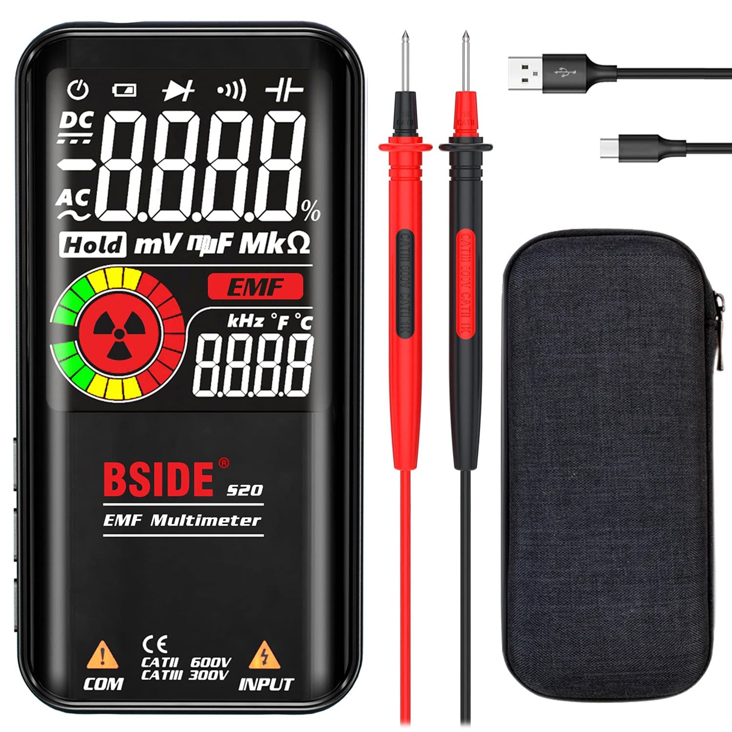 BSIDE S20 Digital Multimeter Tester with EMF Detector, 9999 Counts Color LCD Auto Ranging Rechargeable Voltmeter Measure Voltage Resistance Capacitance Hz Continuity Diode Live Wire Check