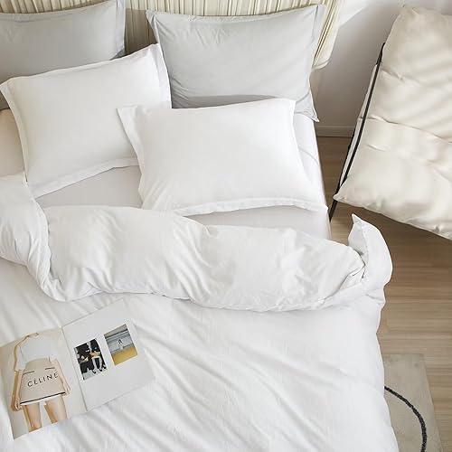 Miniatura 8 de VClife Juego de funda de edredón blanca de microfibra lavada, tamaño California King, juego de ropa de cama blanca de 3 piezas, 1 funda de edredón