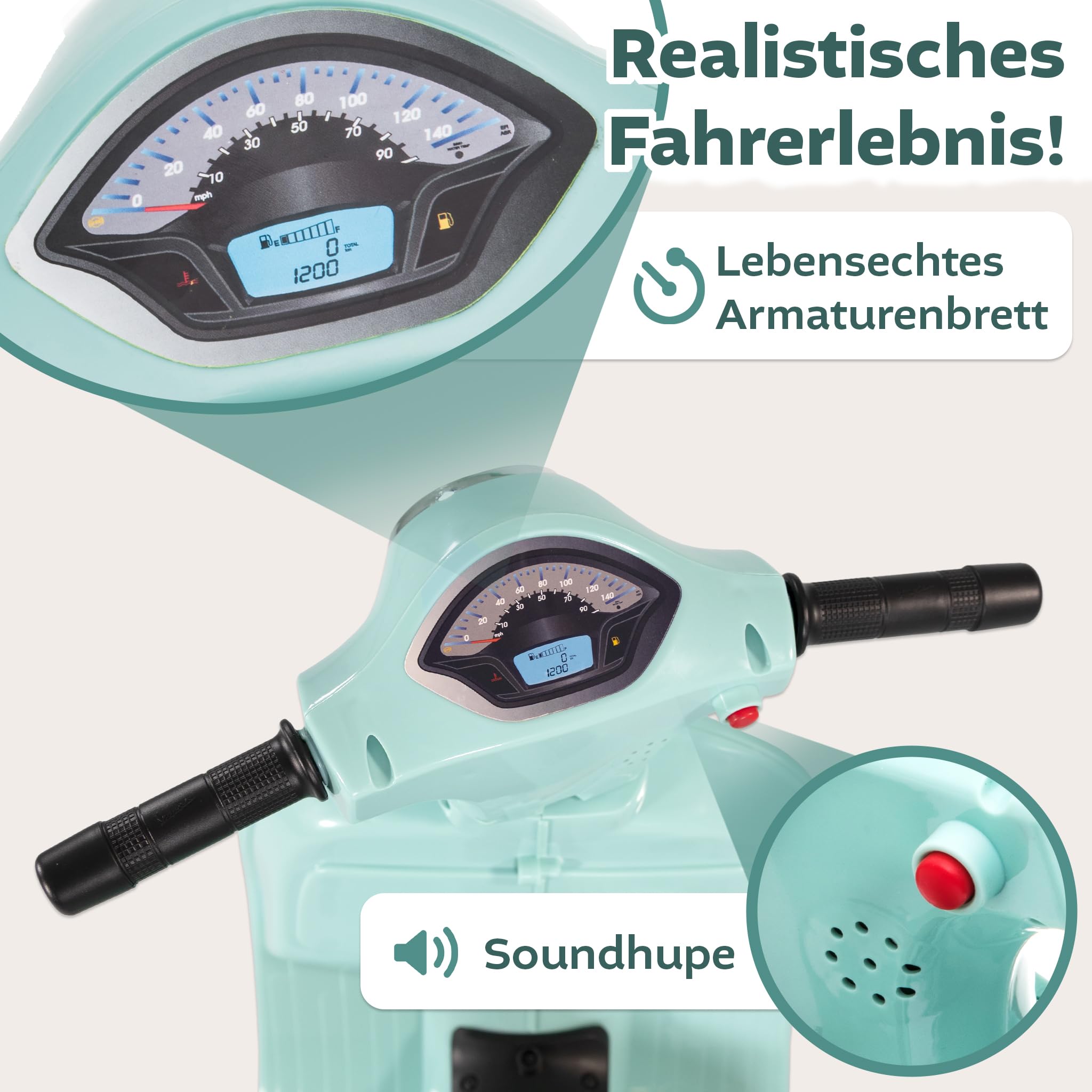 LEMODO Elektrofahrzeug Vespa in grün, Kinder Motorrad ab 18 Monate, Elektromotorrad mit Licht und Sound, Kinderroller mit abnehmbaren Stützrädern, Lizenziertes Kinderfahrzeug
