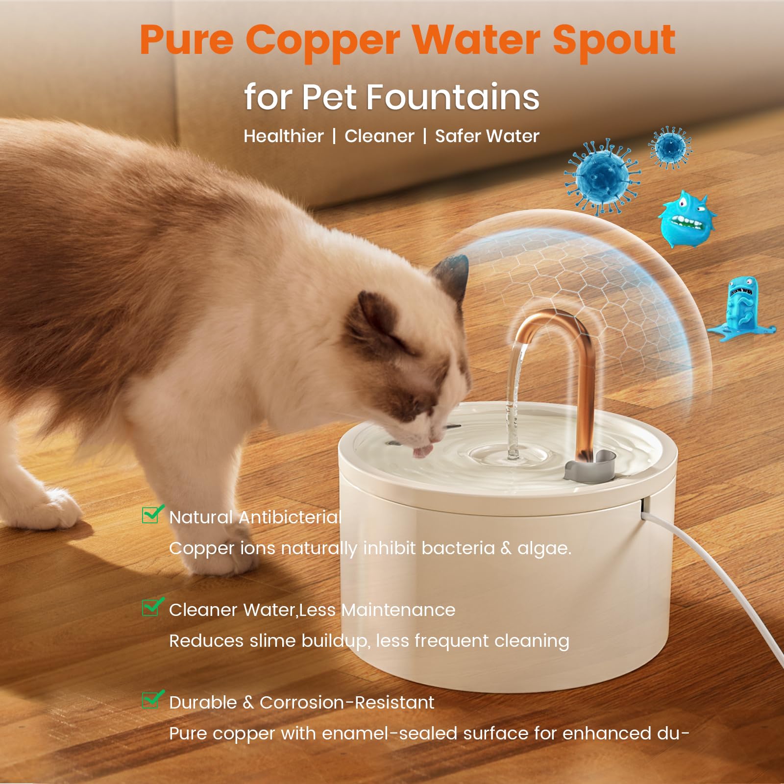 MISFANS Ceramic Cat Water Fountain - 2.1L/71oz - All-Ceramic Body & Pure Copper Water Spout - Non-Toxic - Automatic Pet Drinking Fountain Indoor with Ultra-Quiet Pump, and 3Pcs Filter & Sponge (White) - image 7