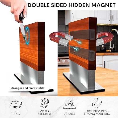 Miniatura 2 de FOSSTA PRODUCTS Bloque magnético para cuchillos, soporte para cuchillos de madera de acacia de doble cara con base de acero e imanes fuertes,