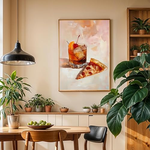 Miniatura 4 de Arte retro de pared de bar, decoración de pared de cocina funky de cóctel a la antigua moda con rebanada de pizza, póster divertido en lienzo