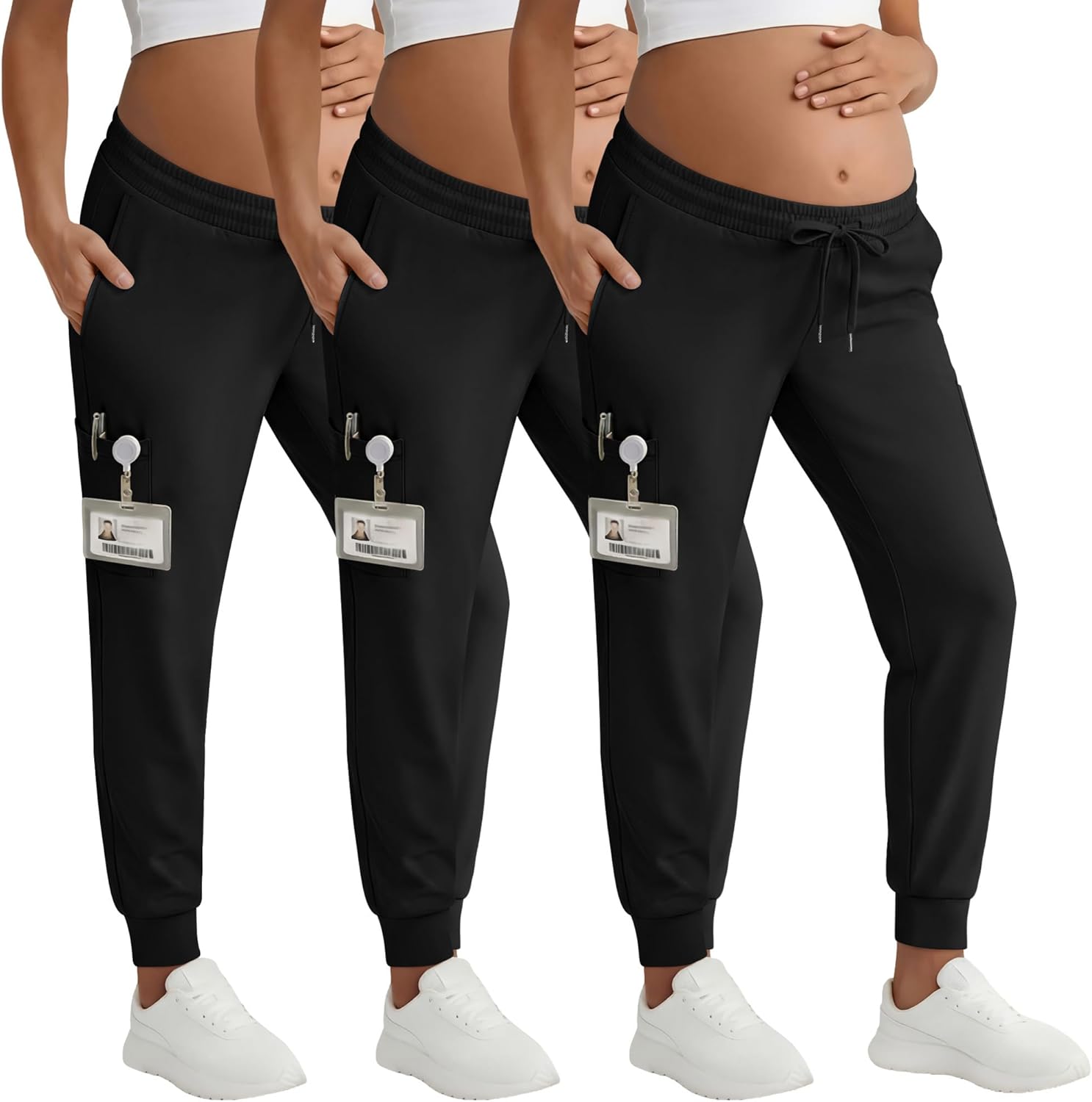 3 Pack Maternity Scrubs Pants 6 Pockets Pregnancy Workwear Drawstring Joggers Underbelly Cargo Pants for Nurses