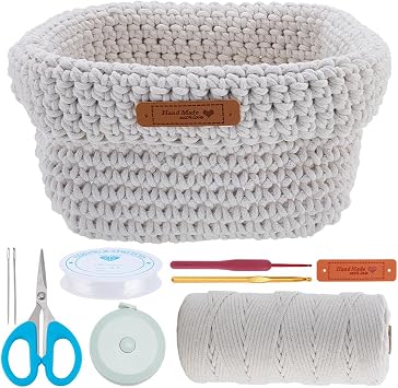 FREEBLOSS DIY Crochet Basket Kit for Beginners with Instruction Square Cardboard Crocheting Basket Crochet Basket Craft Supplies for Holiday Activities Desktop Storage