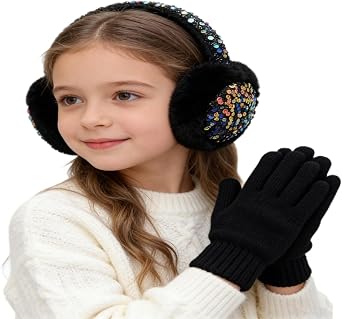 Girls Sequins Earmuffs for Winter Warm Plush Ear Cover Cold Weather Outdoor Toddler Kids Boys Cute Ear Warmer