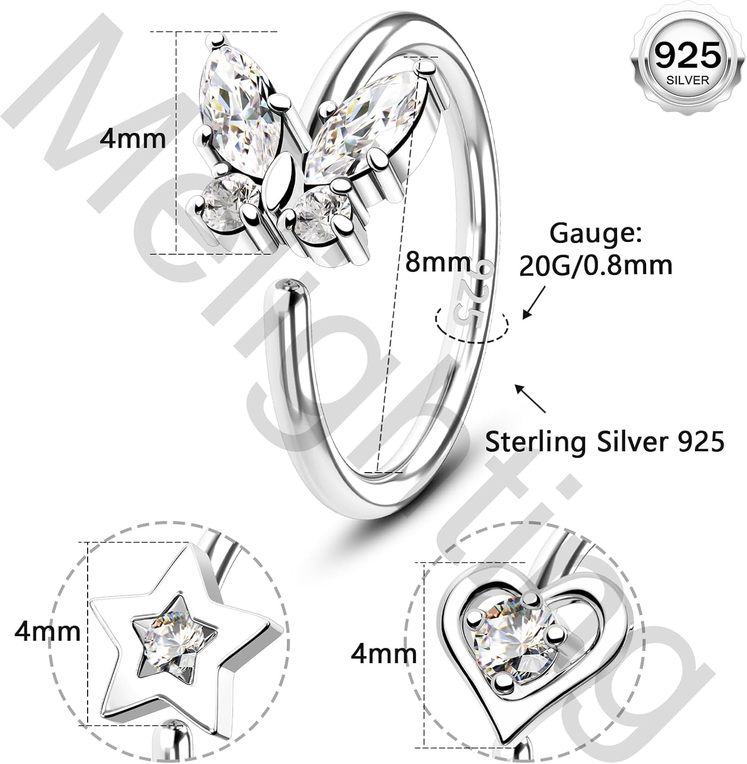 Melighting 20G Nose Ring Hoop 925 Sterling Silver Seamless Open Nose Piercing Dangle Heart Helix Earring Clear CZ 8 mm Cartilage Earring Nose Jewelry for Women - Image 5