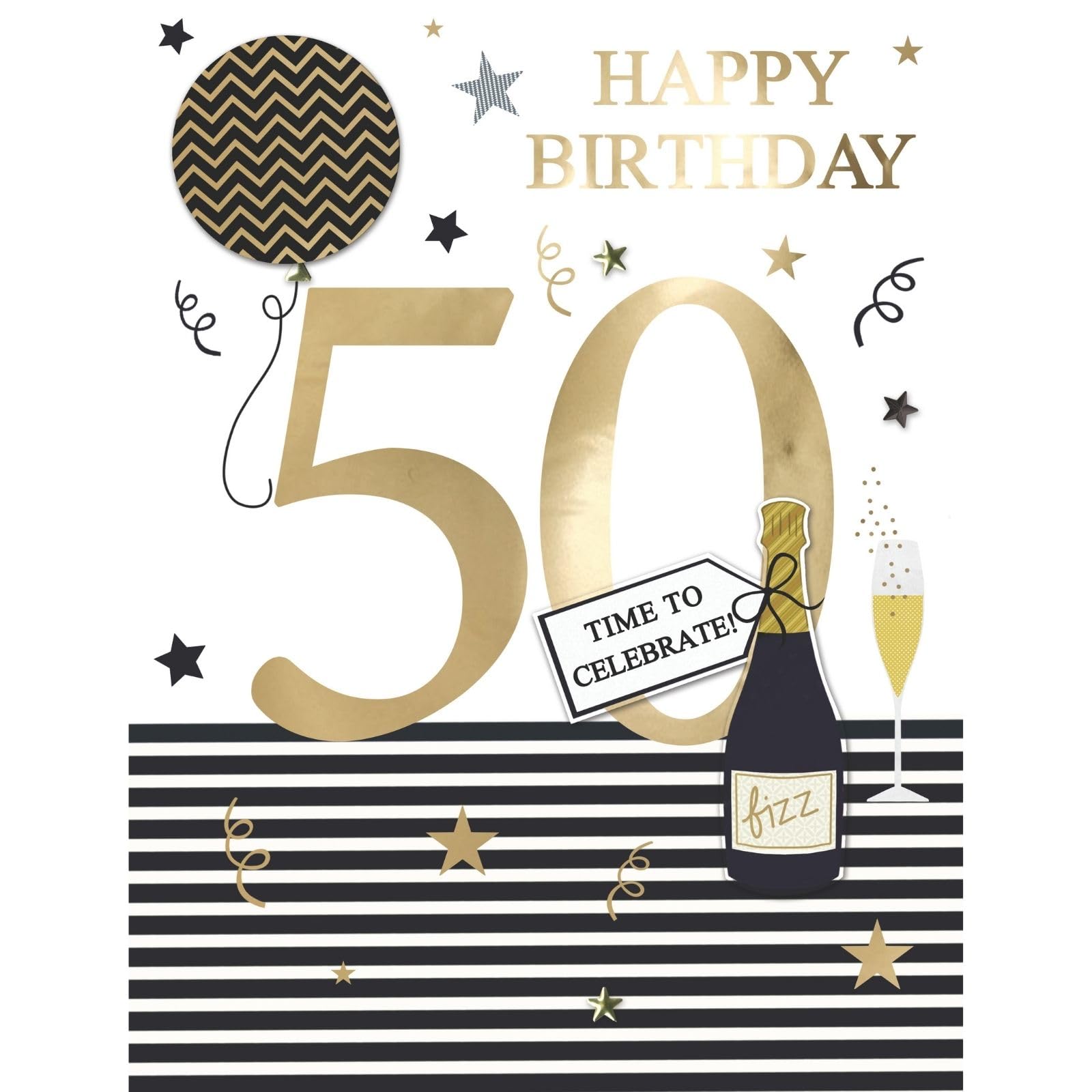 SECOND NATURE Large Embellished A4 50th Birthday Greeting Card Time To Celebrate! 50 Today - All For One Elegant Design, Gold Foil, Handmade, Memorable Keepsake, Eco Friendly