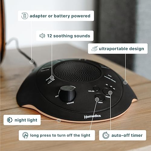 Miniatura 4 de Homedics Sleep Better - Máquina de sonido portátil, luz nocturna, 12 sonidos relajantes incluyendo ruido blanco, lluvia y tormenta eléctrica, diseño