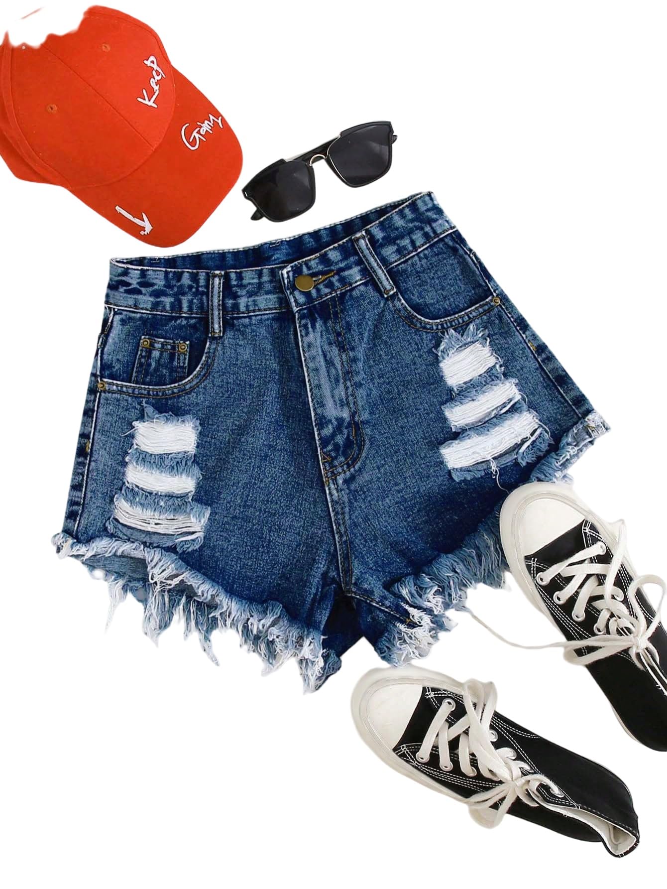 SOLY HUX Short en jean court pour femme - Taille haute - Avec franges - Short d'été