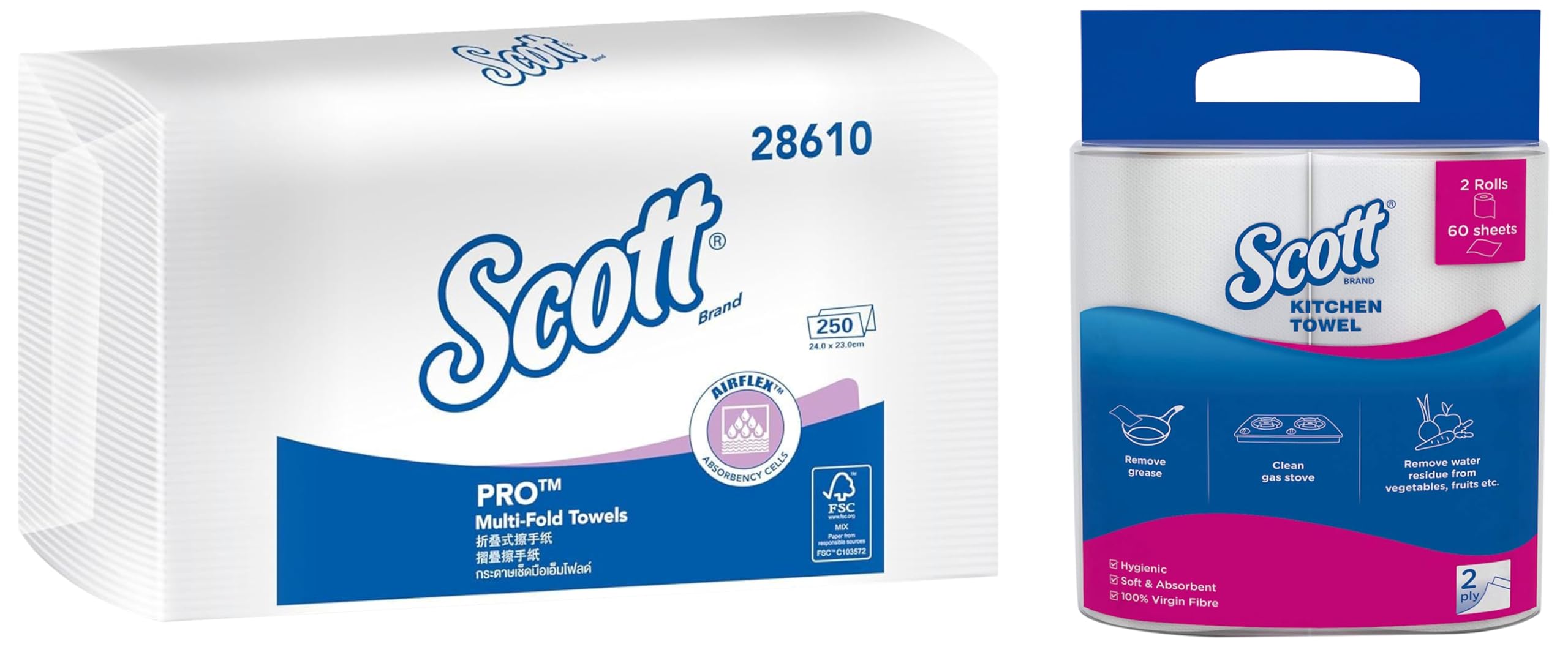 Scott® Multifold Paper Towels (M Fold), 250 Pulls/Pack, 24x23.1 cm (28610B) and Scott® 2 ply Kitchen Paper Towel Roll, Pack of 2, 60 Pulls/Roll (Total 120 Sheets) (01304A)-image-33