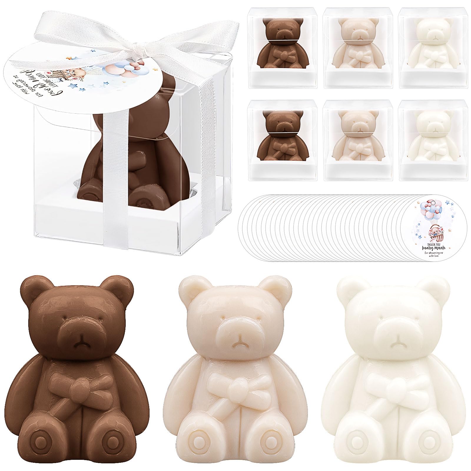 36 Stück Bären-BabySeifen Weihnachtsgeschenke mit Dankeskarten und Geschenkboxen, Gastgeschenke für Babyparty, Hochzeit, Bridal Shower und Partydekoration,Mini-Bärenseifen-Geschenke (Weiß & Braun)