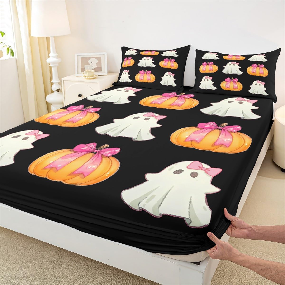 Cartoon Ghost Fitted Sheet Pink Bow Tie Pumpkin Lantern Full Size Bed Sheets, Black Halloween Cute Room Decor Aesthetic Kawaii Bedding Set