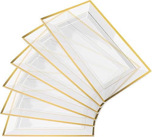 Elegante juego de bandejas y platos de plástico (6 unidades) - Bandejas y platos desechables con borde dorado y transparente para alimentos - Bodas,