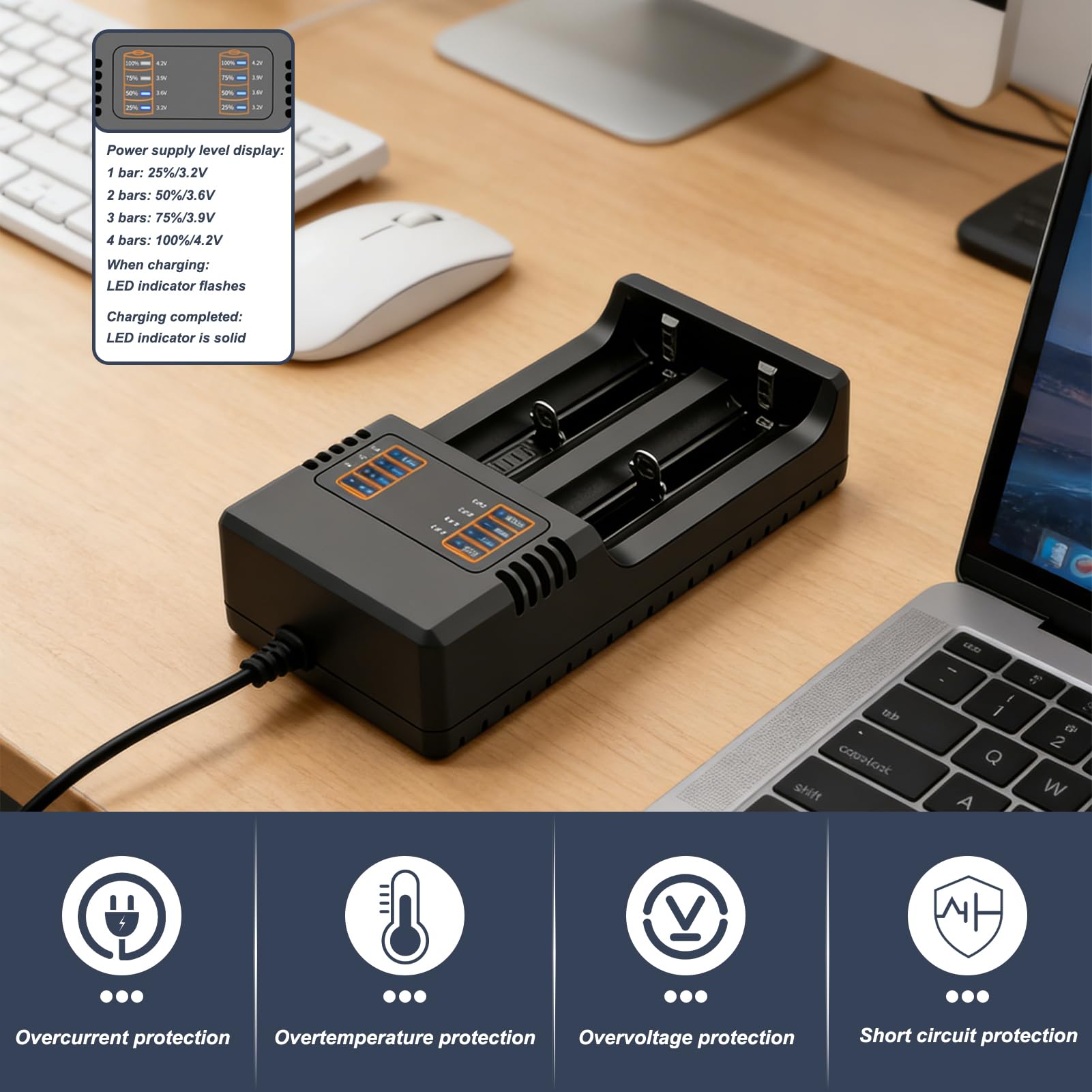 Cargador Rápido Inteligente 18650 USB, Cargador para Baterías 3.7V Li-Ion 2 Ranuras, con Pantalla LCD para 21700 26650 18500 18650 16340 14500, Universal para Baterías Litio con Protección Temperatura — view 4
