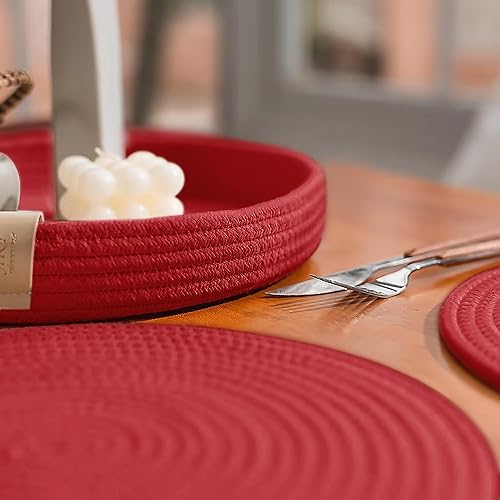 Miniatura 4 de Juego de 4 manteles individuales redondos, cargadores de cuerda de algodón tejida con tapete rojo para platos llanos, antideslizantes, resistentes
