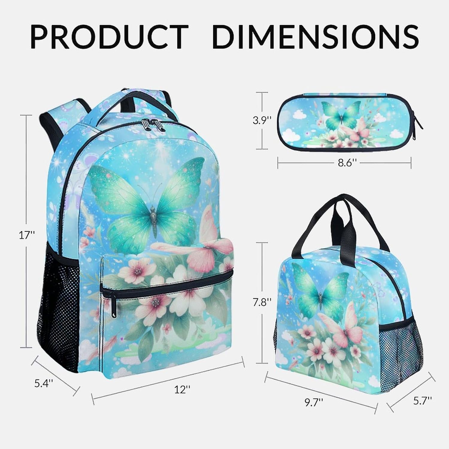 Girls Backpack with Lunch Box - Butterfly Backpack Set for Kids - Toddlers School Bag with Butterfly Print - 17 Inch Aesthetic Back Pack School Supplies