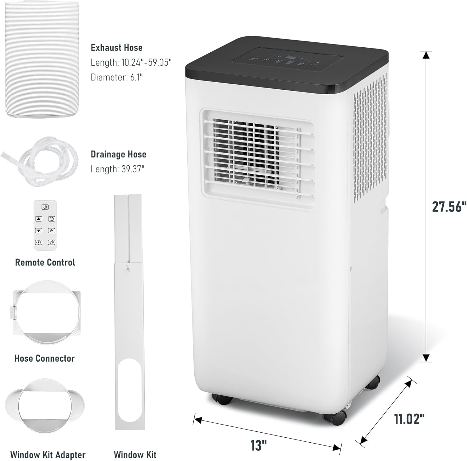 Diagram of CURECURE Portable Air Conditioner and its included accessories