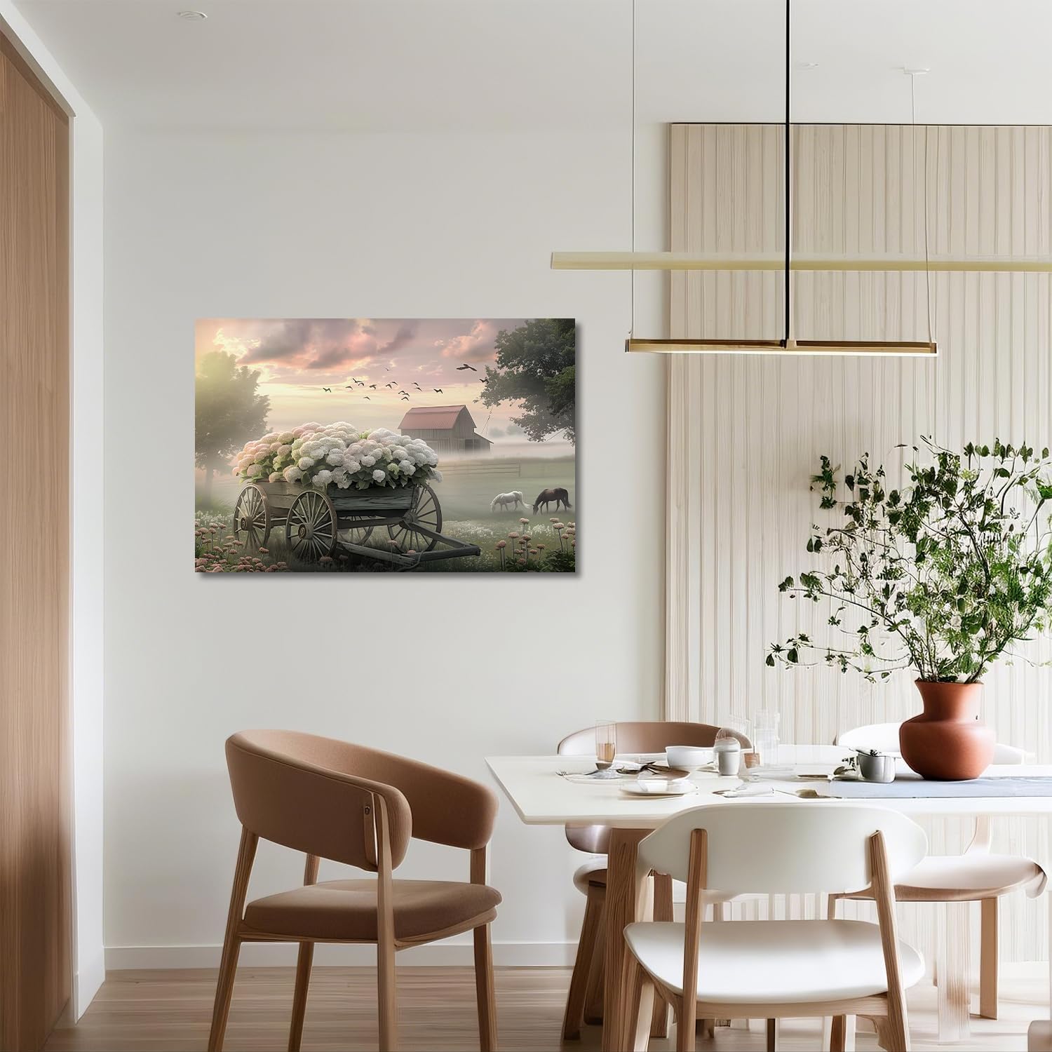 LYUNSHUO Farmhouse Wall Art Vintage Barn Canvas Print Flowers Cart Picture Pink Sky Country Scenery Painting for Living Room Bedroom Bathroom Office Modern Home Wall Decor(Art-11,12.00"x18.00")