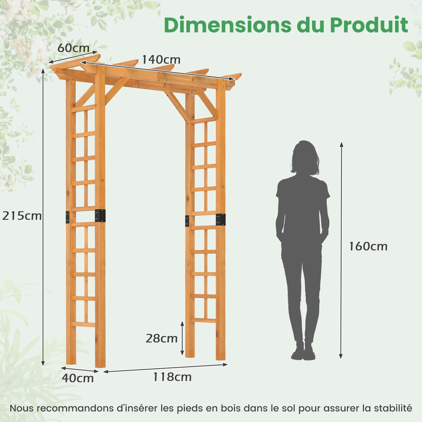 COSTWAY Arche de Jardin en Bois pour Plantes Grimpantes, Arceau à Rosiers en Treillis Extérieur 140x60x215CM, Support de Toile de Fond Plat, Décoration Mariage Fête et Cérémonie