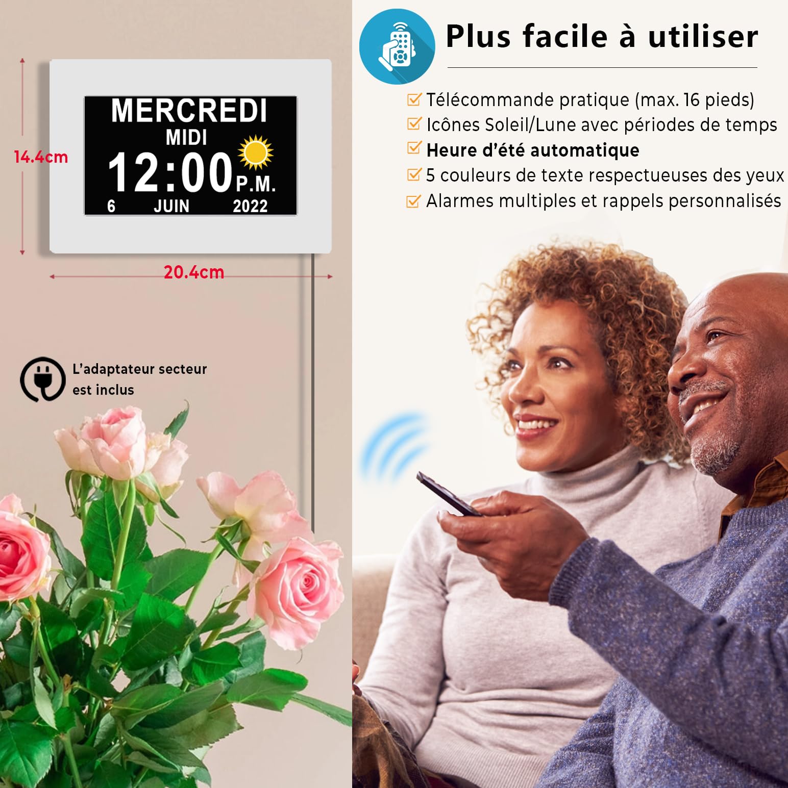 Véfaîî Amélioré 19 Alarmes Horloge Numérique, Automatique de L’Heure D’été, Réveil Murale Silencieux avec 20 Rappels Personnalisés pour Les Adultes et Les Enfants et la maladie d'Alzheimer