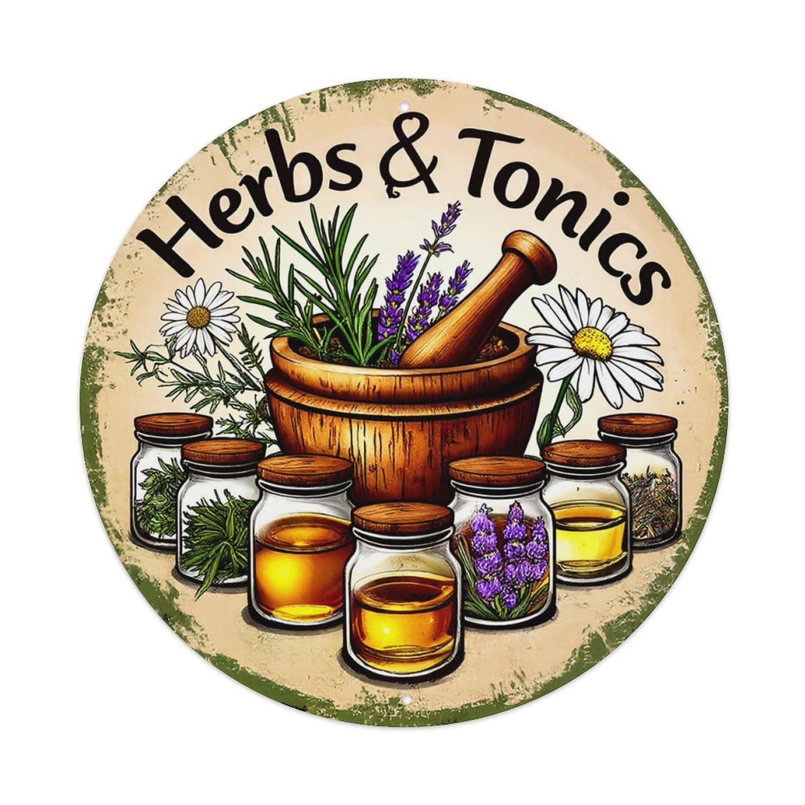 Jdyansheng Vintage Herbs And Tonics Apothecary Jar Illustration Tin Sign Metal Poster Metal Signs For Home Man Cave Bar Cafe Kitchen Laundry Room Wall Decorations 8X8 Inches