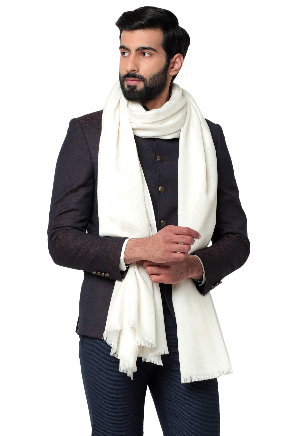 Weavers Villa Men's Plain Self Design Pure Wool White Lohi/Woollen Shawl, 125Cm X 250Cm