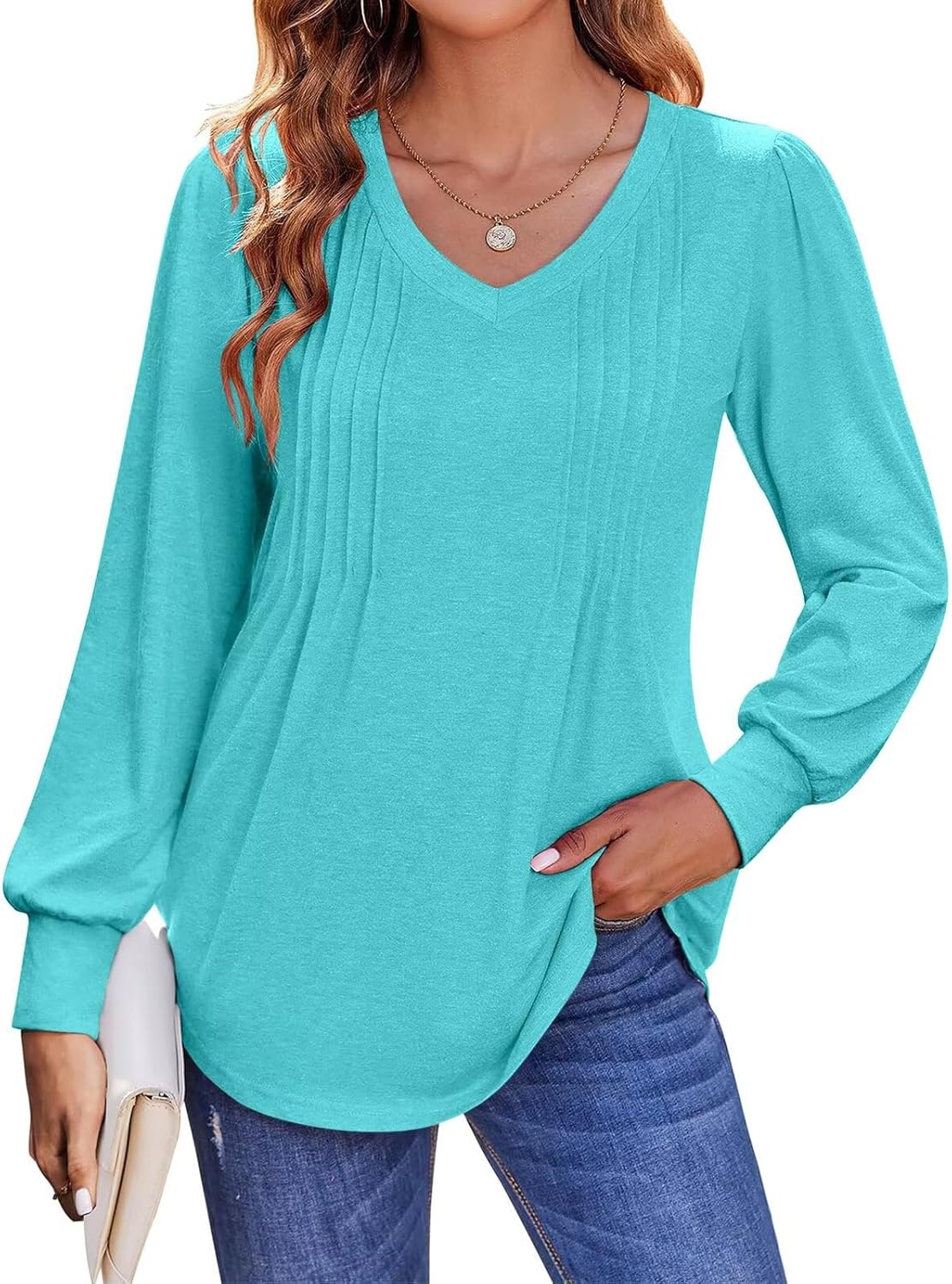 Women's Pleated V Neck T Shirts Puff Long Sleeve Tops Casual Loose Fit Tunic Blouses