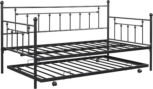 Miniatura 16 de Sofá cama de marco metálico de tamaño individual con ruedas extraíbles, soporte de sofá cama de listones de acero resistente para invitados, sofá