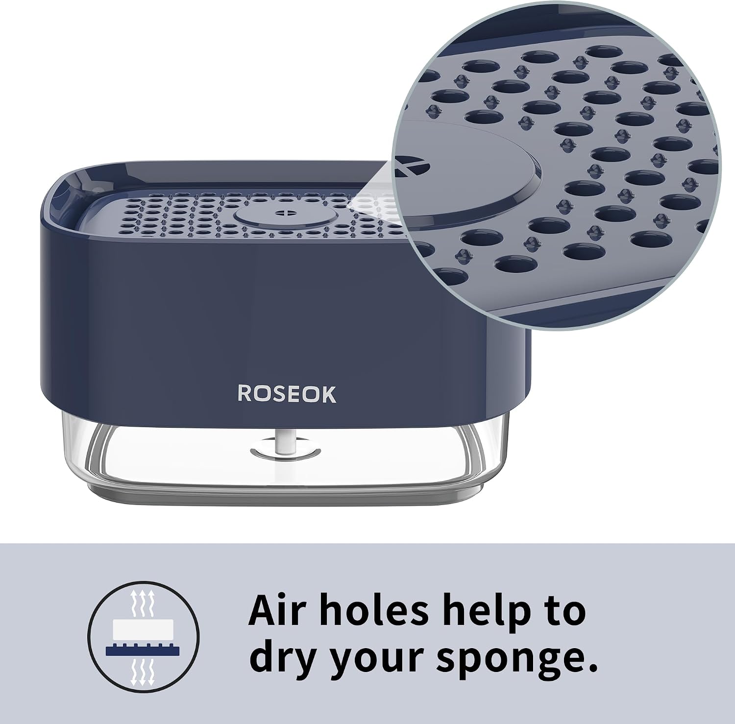 ROSEOK Dish Soap Dispenser with Sponge Holder for Kitchen, Navy Blue