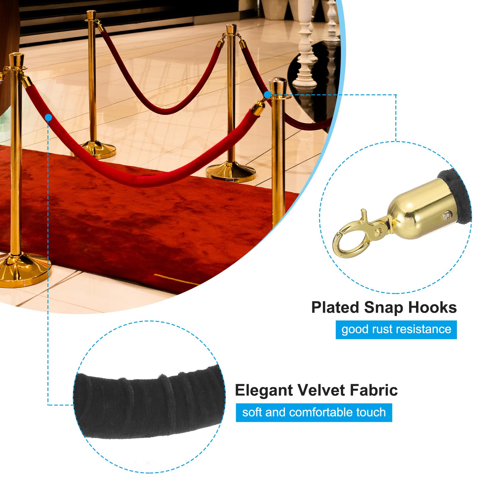 PATIKIL 8 Unidades Cuerda De Terciopelo Negro Para Postes De 8 Pies Con Ganchos Dorados De Acero Inoxidable Para Control De Multitudes Y Eventos En Alfombra Roja Cines Y Actividades