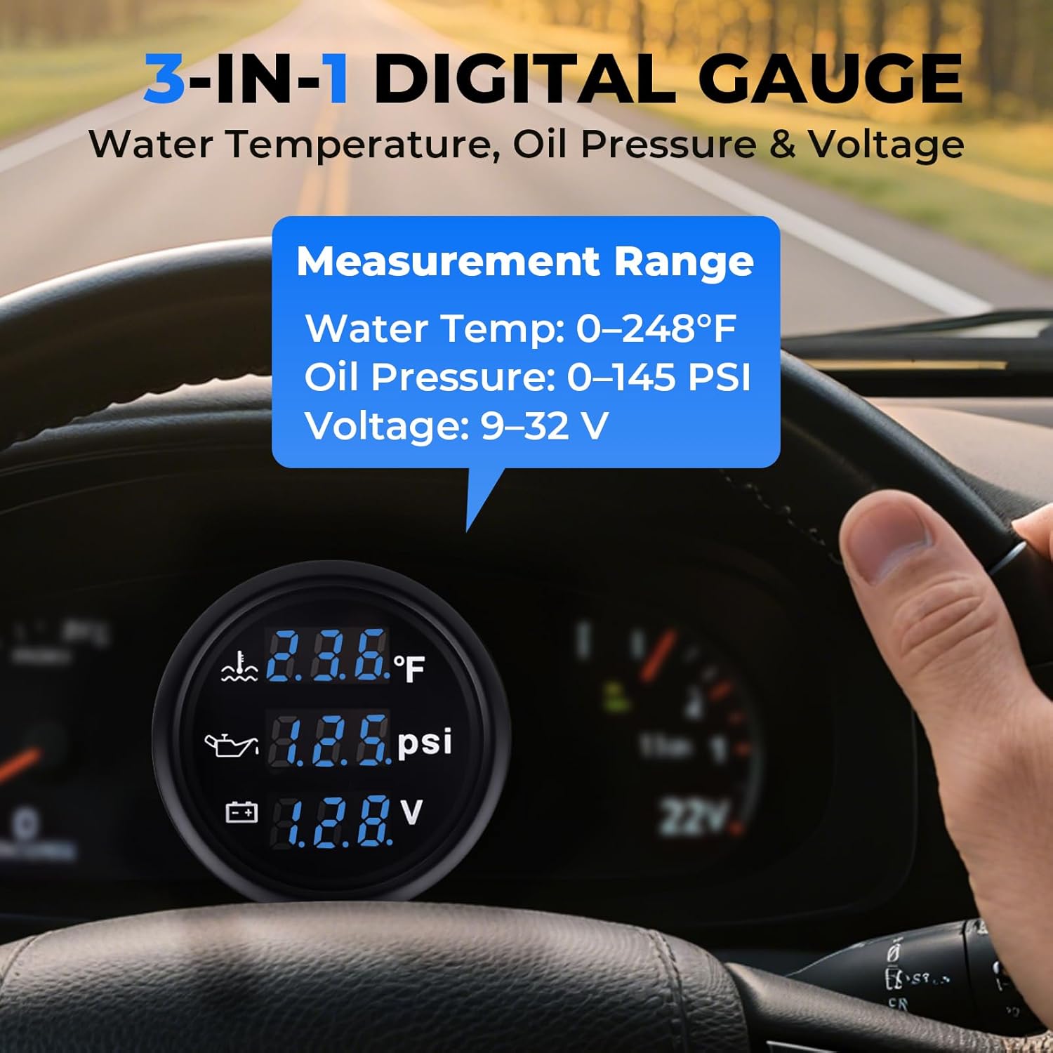 3 in 1 Gauge Kit 52mm Digital Oil Pressure Gauge, Water Temperature Gauge, Voltmeter for Car Truck Boat RV Motorcycle, Automotive Gauge Kit with Oil Pressure Sensor, Universal 12V (BLUE1)