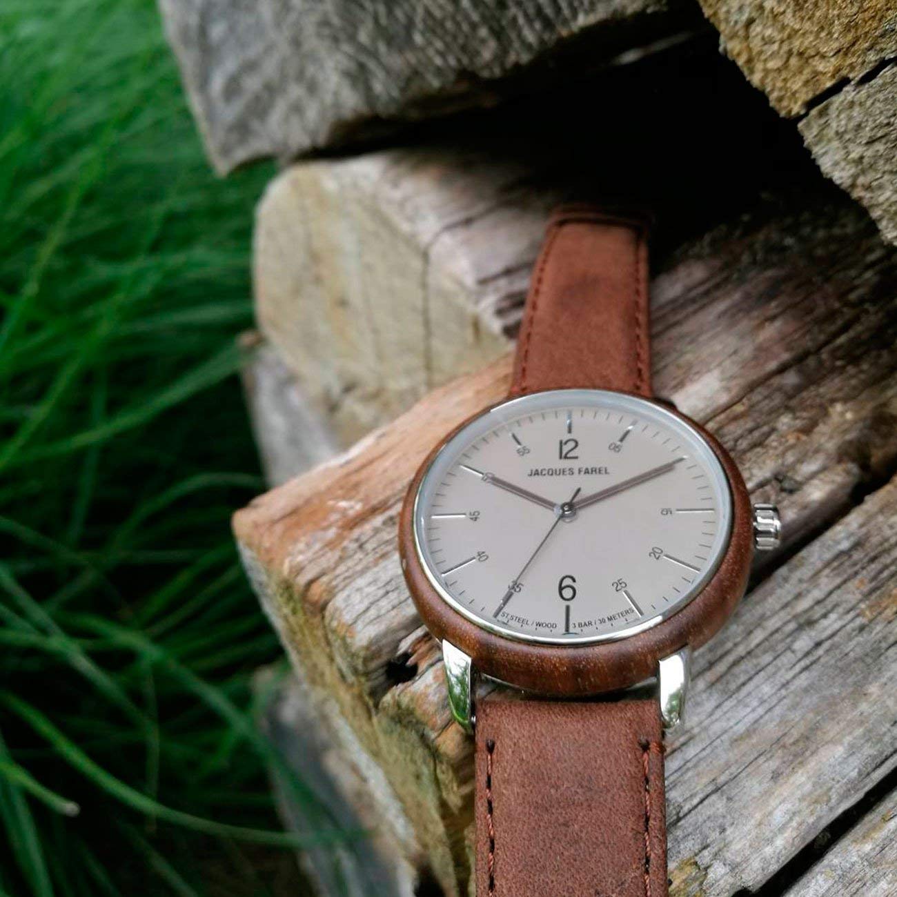 Jacques FAREL Hayfield Nachhaltige Damen Holz-Armbanduhr Walnuss Öko-Leder Terra-Braun Analog Quarz Stahl-Gehäuse 3 Bar ORW 1002
